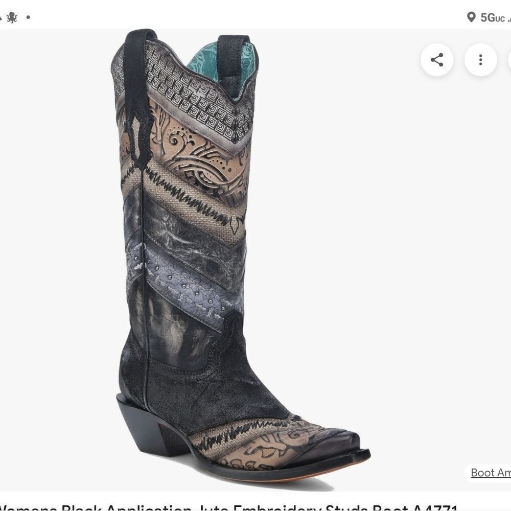 Corral Black Application Jute Embroidered Style Boots Size 9 NWT